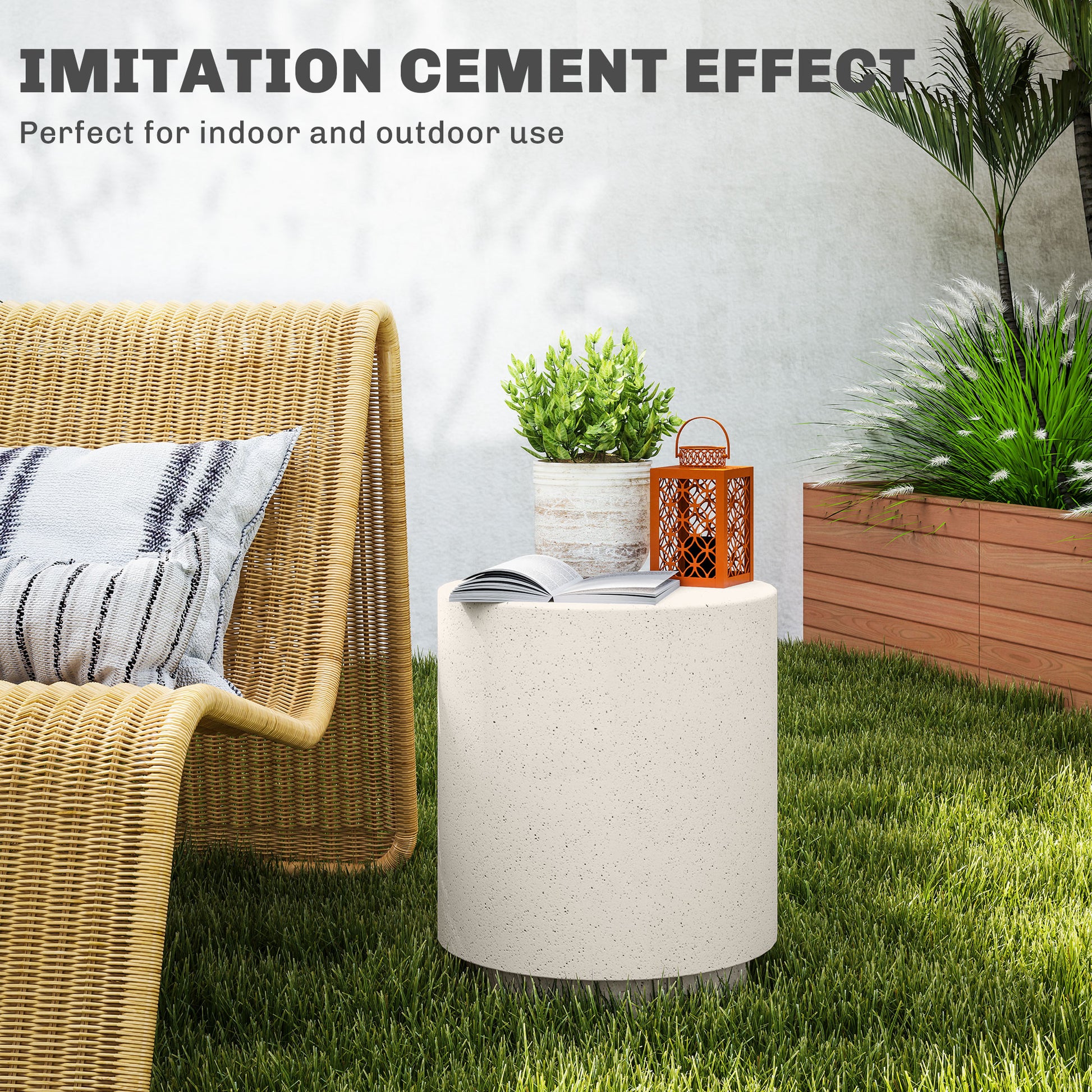 Lightweight Accent Table With Concrete Finish Round Side Table, Light Yellow