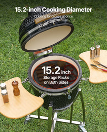 Charcoal Smoker And Grill, 18" Kamado Charcoal BBQ Smoker, Movable Ceramic Barbecue Grill With 4 Wheels (2 Lockable), Built-in Thermometer, Air Vents & Side Shelf For Outdoor Patio Yard Cooking