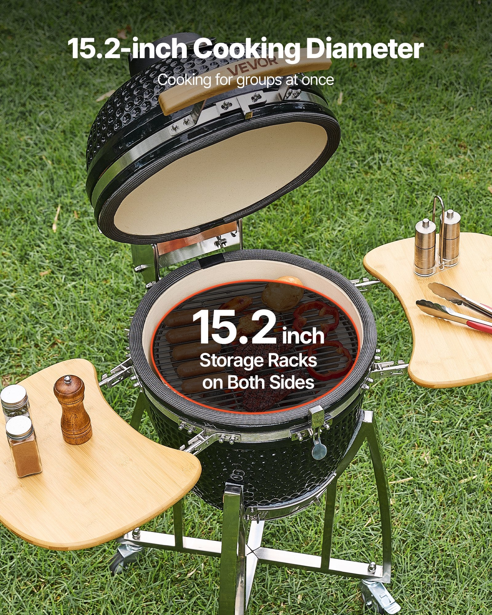 Charcoal Smoker And Grill, 18" Kamado Charcoal BBQ Smoker, Movable Ceramic Barbecue Grill With 4 Wheels (2 Lockable), Built-in Thermometer, Air Vents & Side Shelf For Outdoor Patio Yard Cooking
