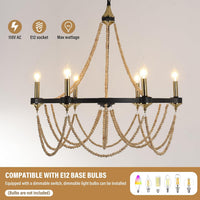 Black Beaded Chandelier Boho Ceiling Light Fixture, Candle Wagon Wheel Chandeliers with 6-Light,Modern Farmhouse Hanging Lighting with Wooden Bead Pendants for Dining Room, 28 Inch