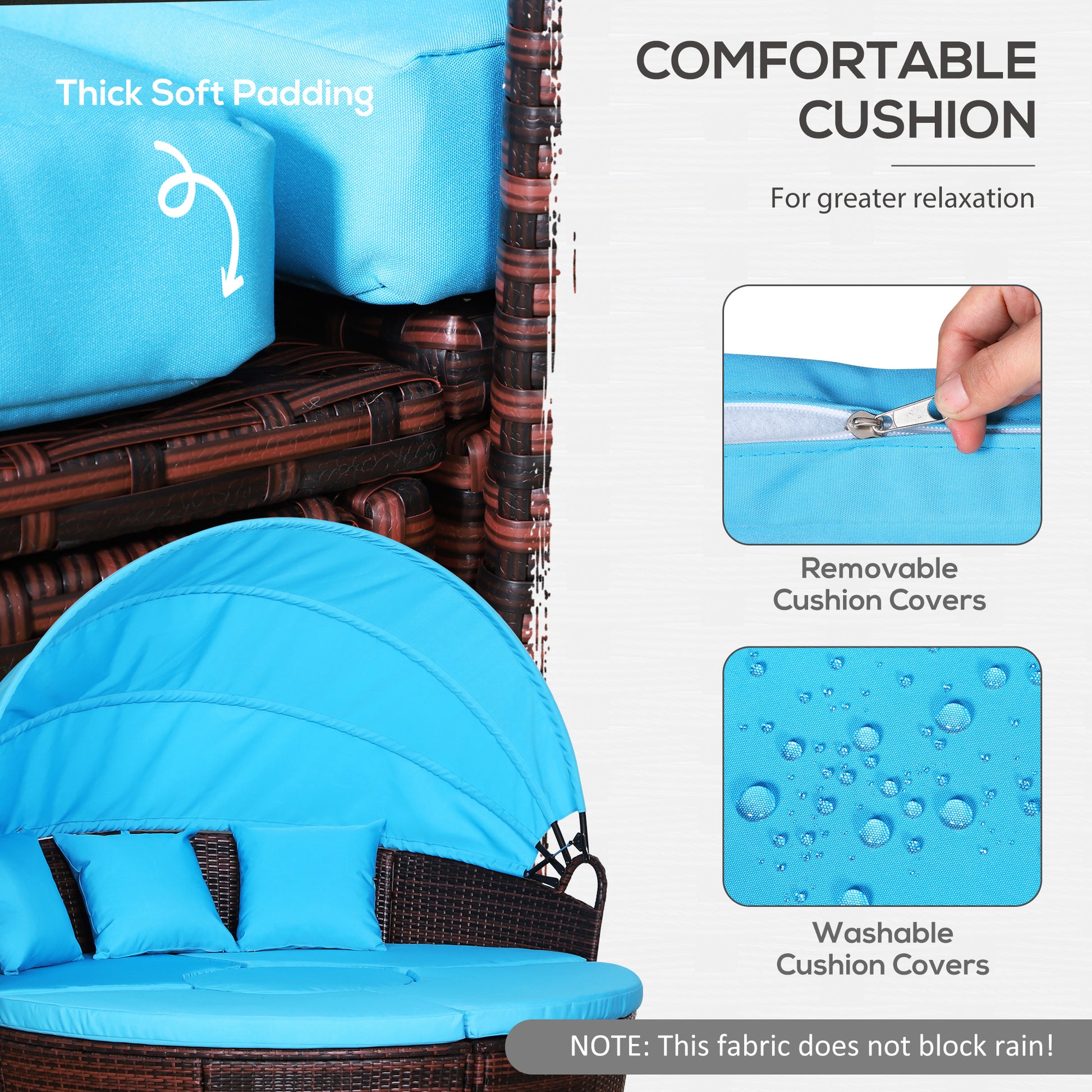 4-Piece Round Convertible Daybed with Cushions, Outdoor PE Rattan Patio Wicker Sofa Set, Sunbed with Adjustable Sun Canopy, Sectional Sofa, 2 Chairs, Table, 3 Pillows, Blue