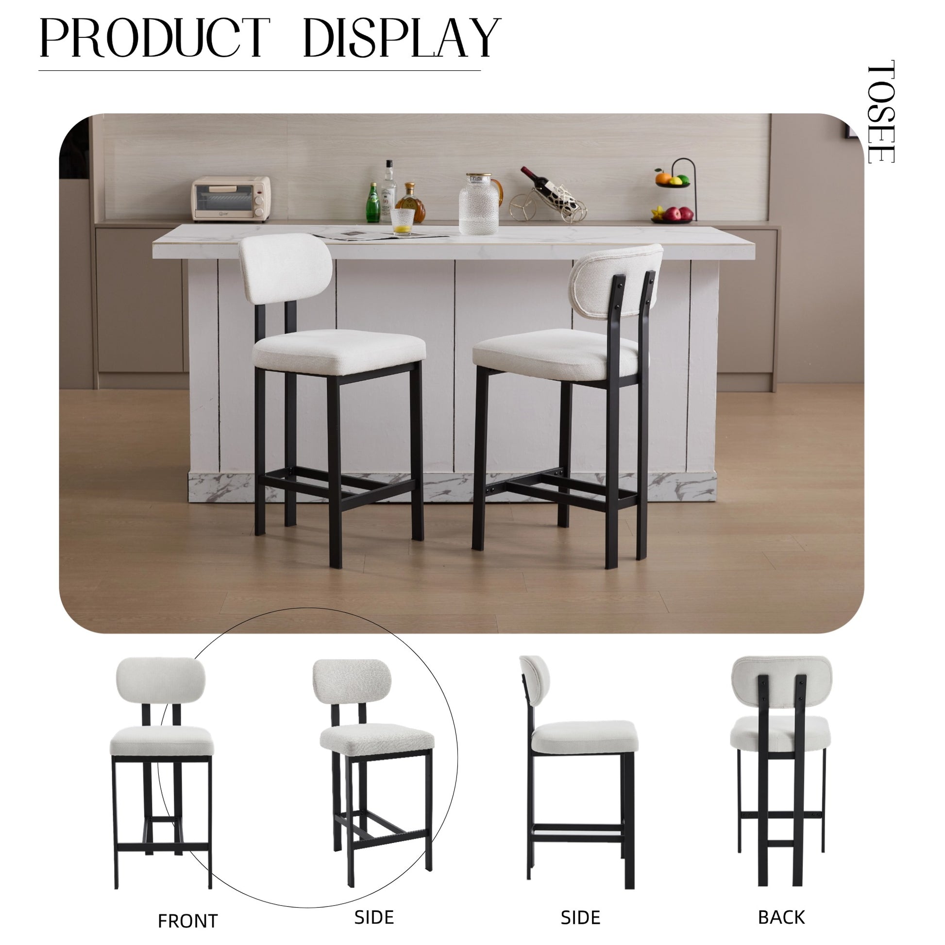 Bar Stools Set Of 2, 26 Inch Modern Upholstered Fabric Counter Height Barstools, Kitchen Island Chairs With Black Metal Legs For Dining Room Kitchen Island Bar