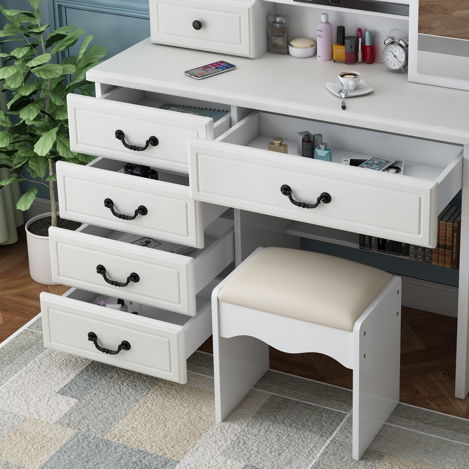Vanity Desk With Mirror & Lights, Makeup Table Set - CJDS