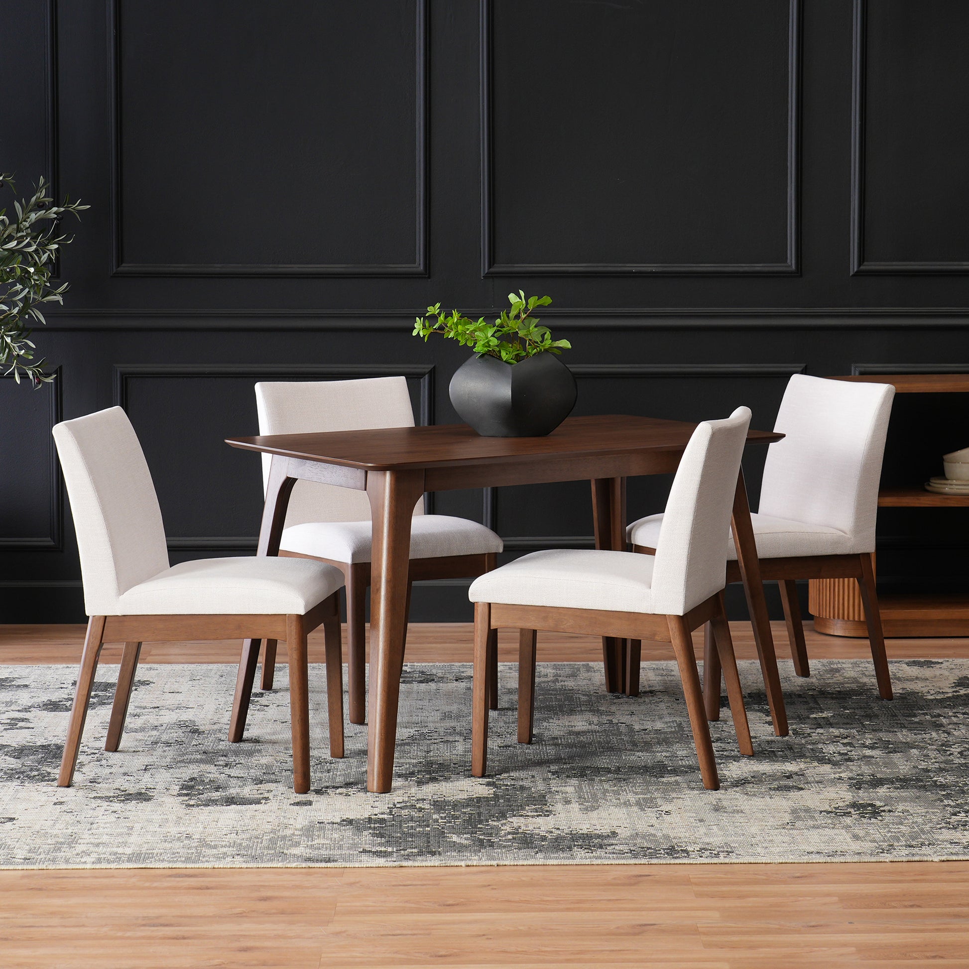 5-Piece Dining Table Set With One Solid Wood Frame Table And 4 Upholstered Chairs For Dining Room, Walnut-Light Beige