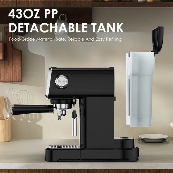 20 BAR Slim Vertical Espresso Machine With Milk Frother, Built-in Cup Warmer, 43 OZ Detachable Tank, For Rich Espresso, Americano, Latte, Compact Space-Saving Design, Screen Button, Black