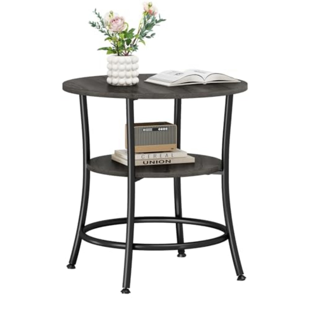 Side Round Table, Double-layer Decorative Side Table With Storage Shelves, Sturdy Metal Frame Round Bedside Cabinet