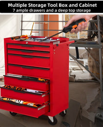 7-Drawer Rolling Tool Chest Cabinet, Large Capacity Metal Tool Box With Wheels And Cylinder Locking, Roll Around Storage Organizer Tool Cart For Garage, Warehouse, Work Shop - Red