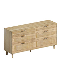 59 Rattan Dresser With Drawers, 6 Drawer Dresser For Bedroom, Clothes Storage Cabinet For Bedroom, Metal Handle Wood Legs For Hallway, Living Room, Bedroom,Natural