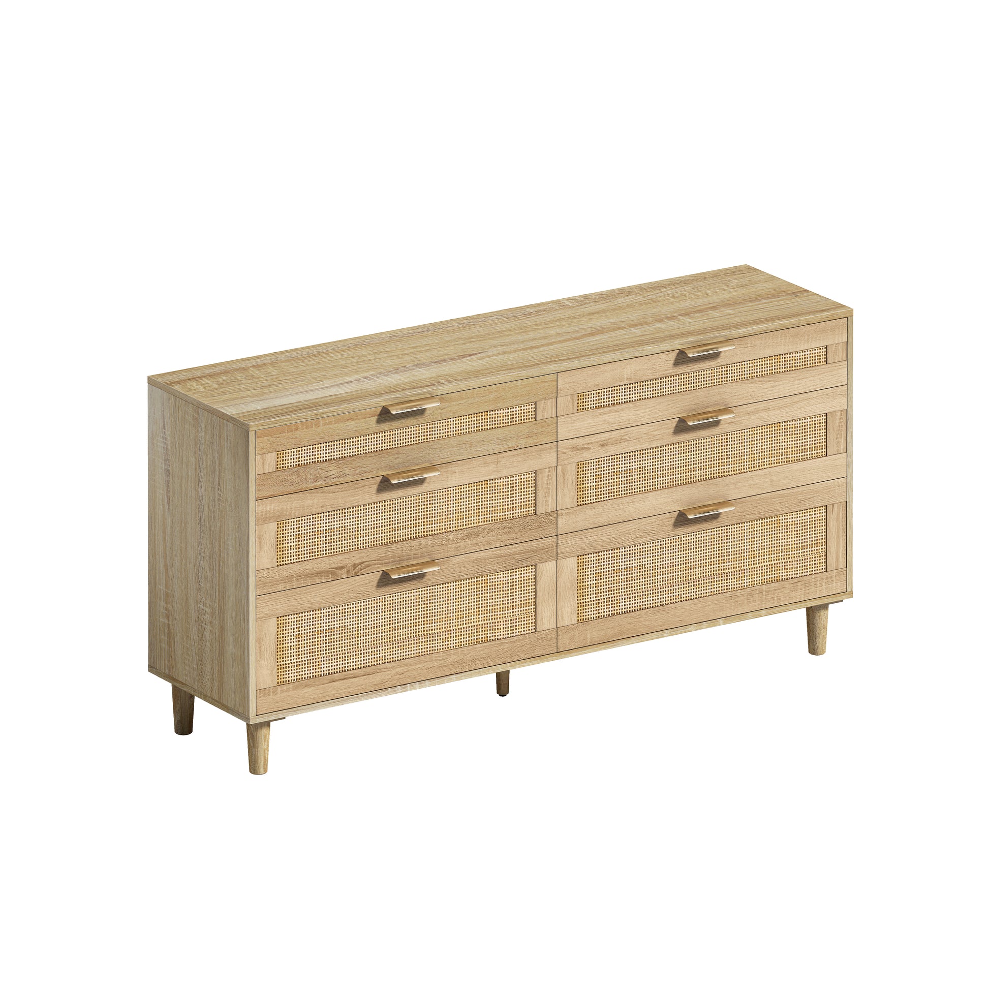 59 Rattan Dresser With Drawers, 6 Drawer Dresser For Bedroom, Clothes Storage Cabinet For Bedroom, Metal Handle Wood Legs For Hallway, Living Room, Bedroom,Natural