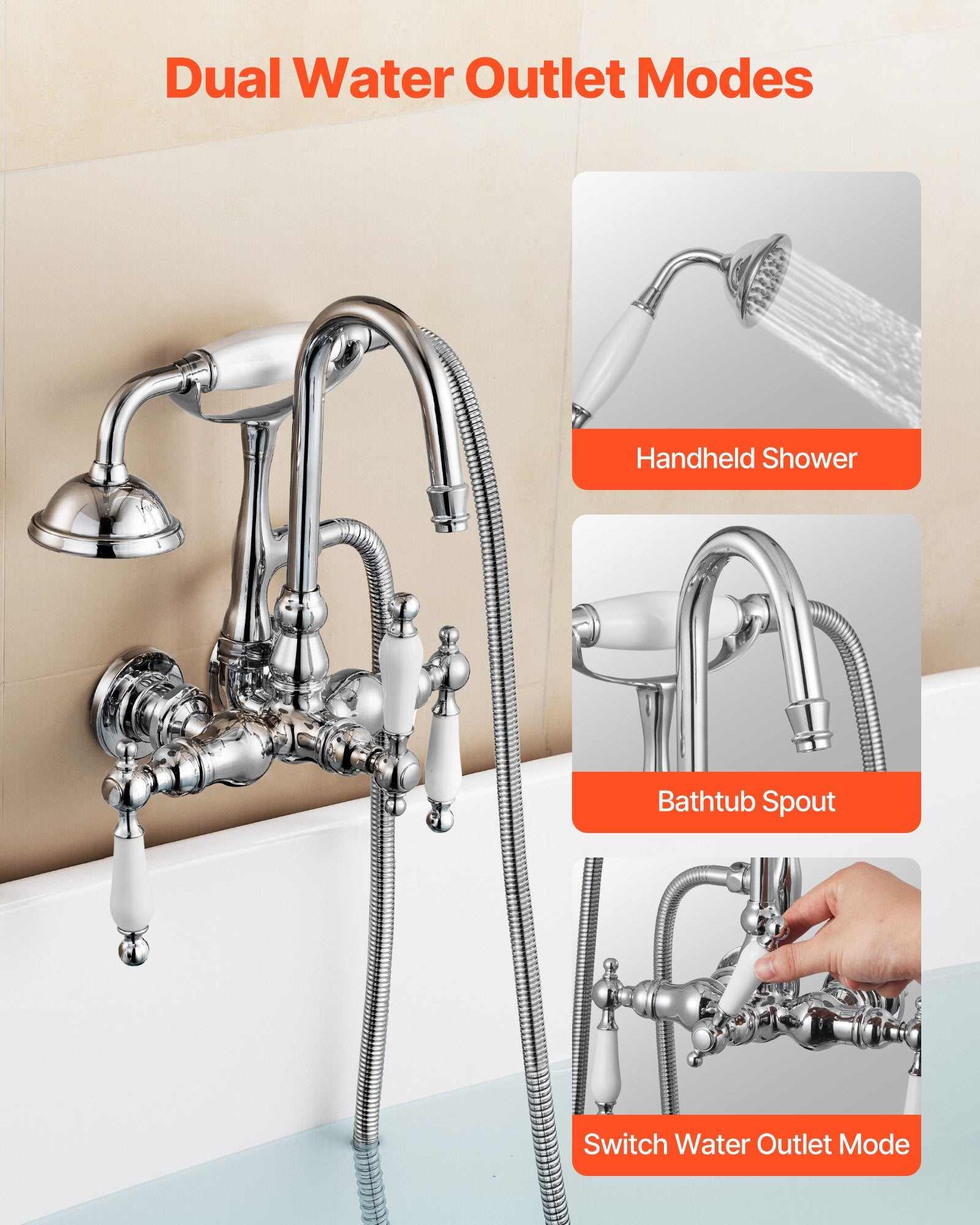 Clawfoot Tub Faucet, Wall-Mounted Bathtub Faucets With Handheld Shower, Polished Chrome Clawfoot Tub Filler Faucet Shower Kit With 59" Long Hose & Gooseneck Spout, Modern & Vintage For Bathtubs