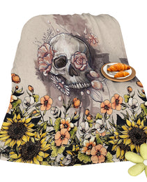 Rustic Skull Sunflower Flannel Fleece Blanket Floral Skull Flannel Soft Plush Throw Blanket Cozy Blankets For Bed Chair Car Sofa Couch Bedroom 75x100cm 130x150cm 150x200cm