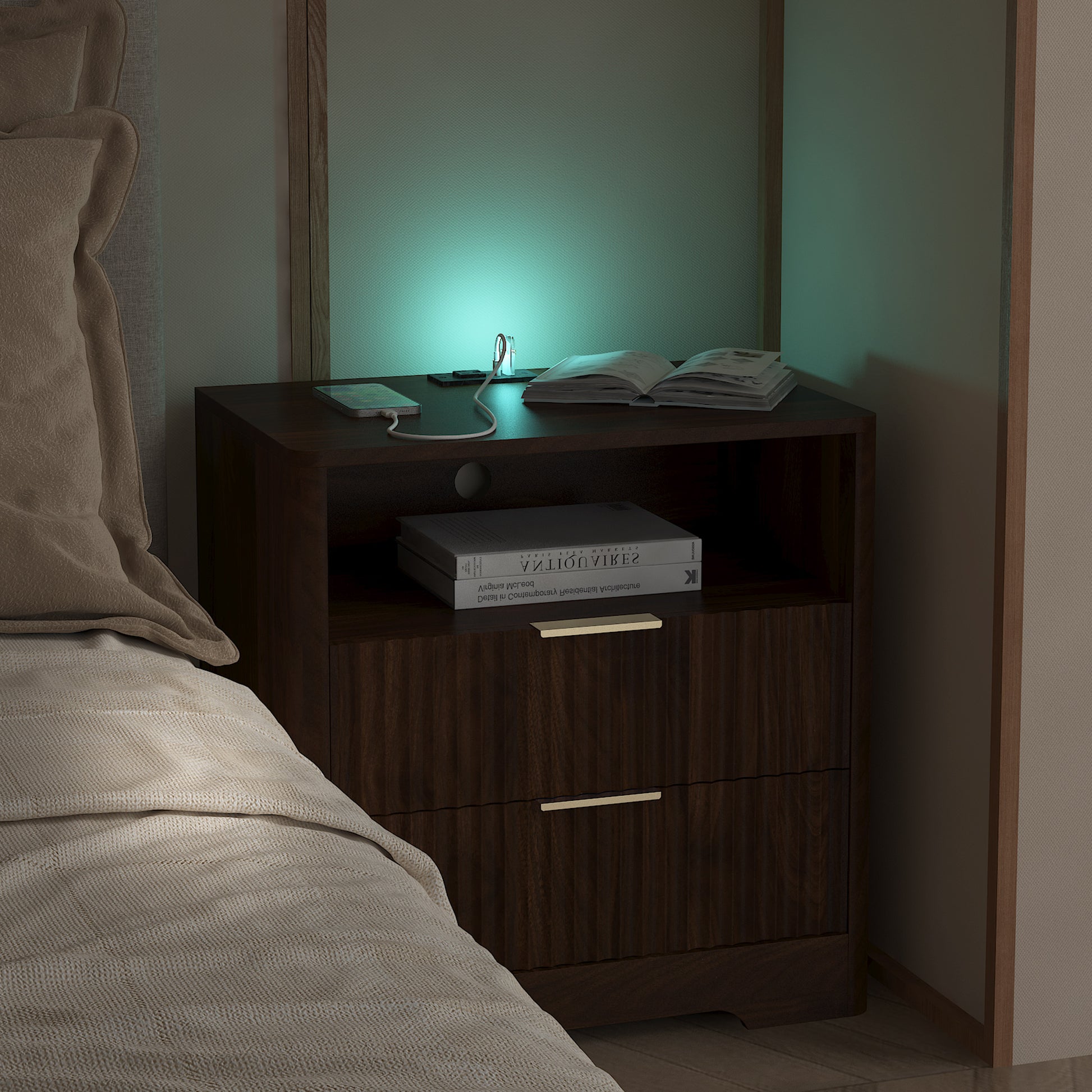 Nightstand With Charging Station, Smart Nightstand With Night Light,Bedside Tables With Storage Cabinet For Bedroom, Wood