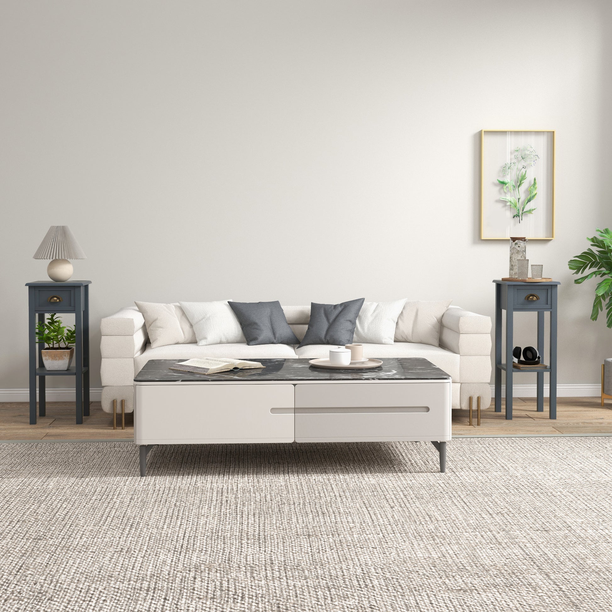 2-Tier Side Tables Set of 2 with Drawer and Shelf, 2 Pieces End Tables for Living Room and Hallway, Gray