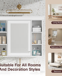 35'' X 28'' White Wall Mounted Bathroom Storage Cabinet With Mirror Door, Modern Bathroom Wall Cabinet With Mirror, Medicine Cabinet With 6 Open Shelves