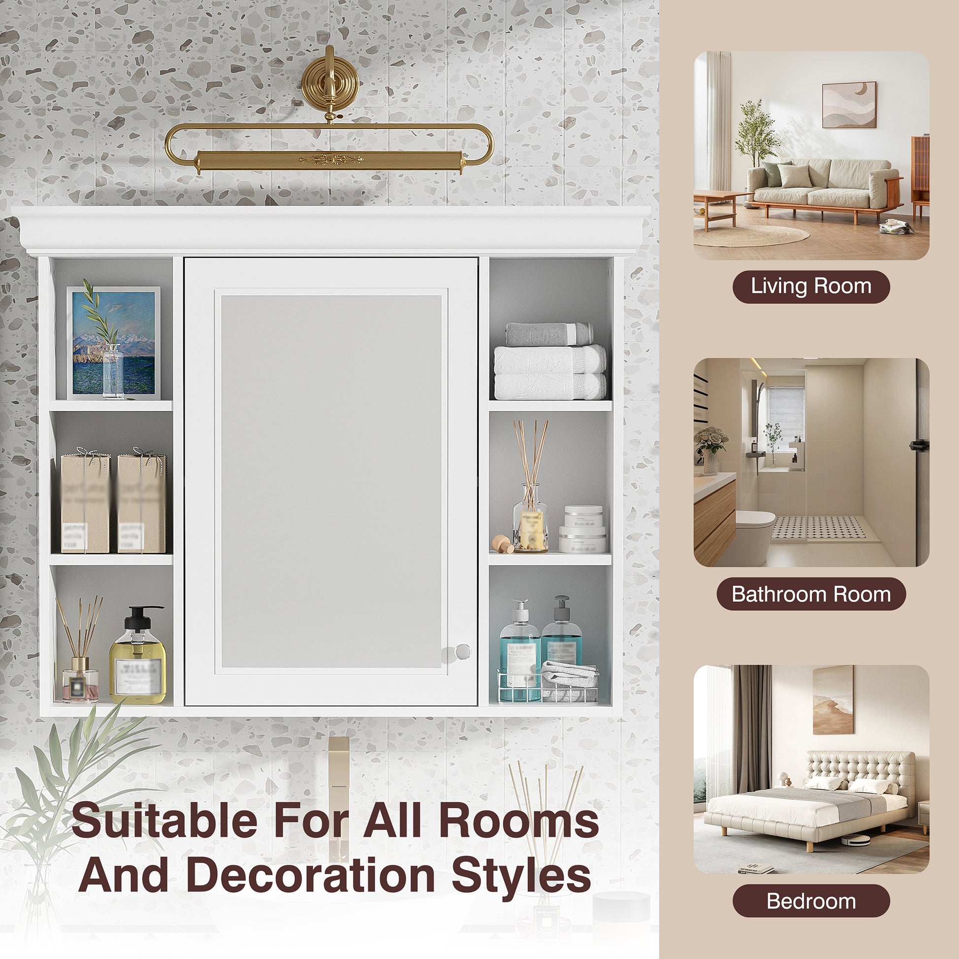 35'' X 28'' White Wall Mounted Bathroom Storage Cabinet With Mirror Door, Modern Bathroom Wall Cabinet With Mirror, Medicine Cabinet With 6 Open Shelves