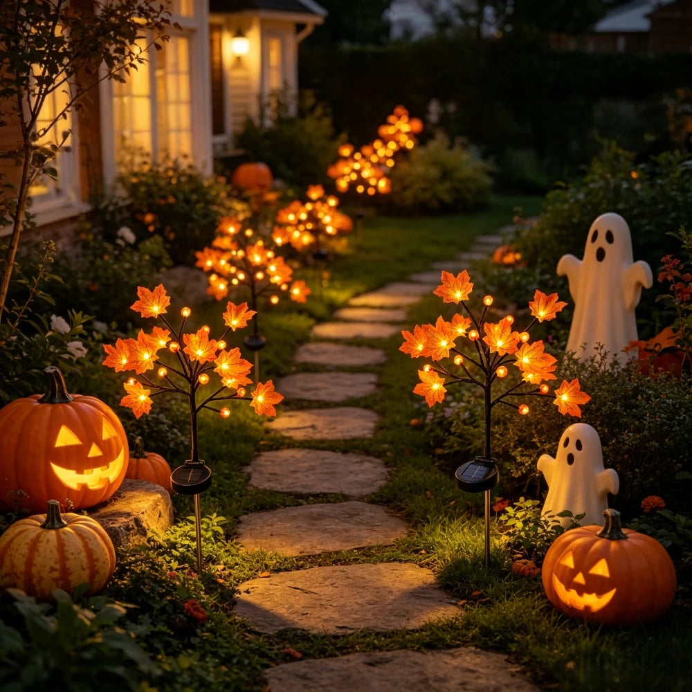 Halloween Solar Maple Leaf Pumpkin Stake Lights Outdoor Garden Yard Pathway Decor LED Warm White Waterproof Path Lighting