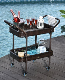 PE Rattan Outdoor Bar Table, Outdoor Kitchen Island with 2-Tier Shelf, Wheeled Patio Serving Cart with Brakes for Poolside, Garden, Brown