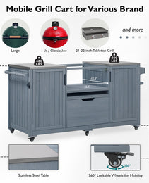 K&K 66.5 Outdoor Kitchen Island, Solid Wood Outdoor Grill Cart, Featuring Stainless Steel Countertop And Drawers, Compatible With Large Green Egg Grill, Carducci Gray And Blue Model