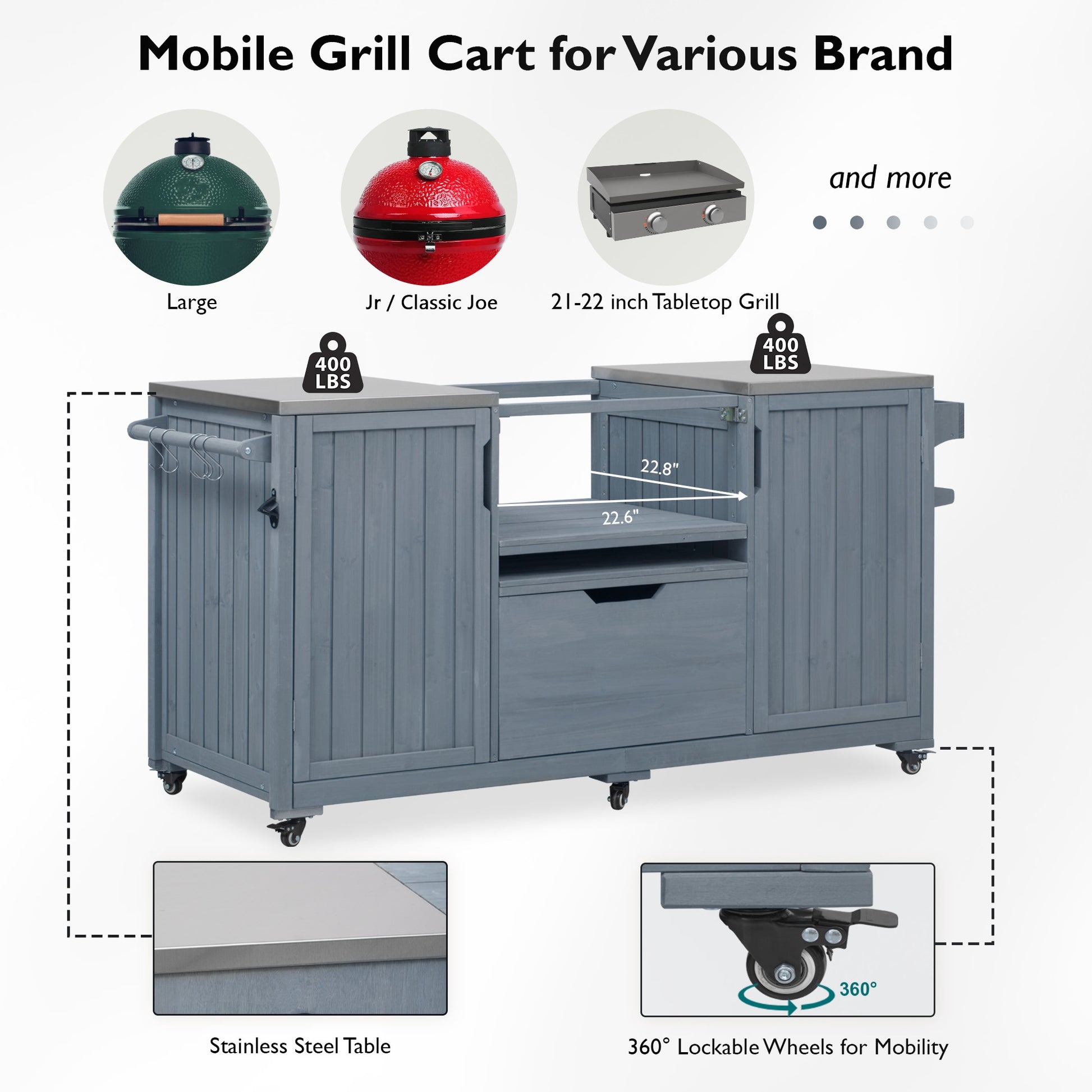K&K 66.5 Outdoor Kitchen Island, Solid Wood Outdoor Grill Cart, Featuring Stainless Steel Countertop And Drawers, Compatible With Large Green Egg Grill, Carducci Gray And Blue Model