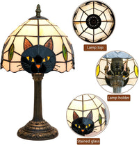 Tiffany Style Black Cat Stained Glass Table Lamp Cute Small Quirky Table Lamp Bedroom Bedside Lamp Living Room Dining Room Office Decoration Desk Lamp Home Decoration Creative Gift Scene Props