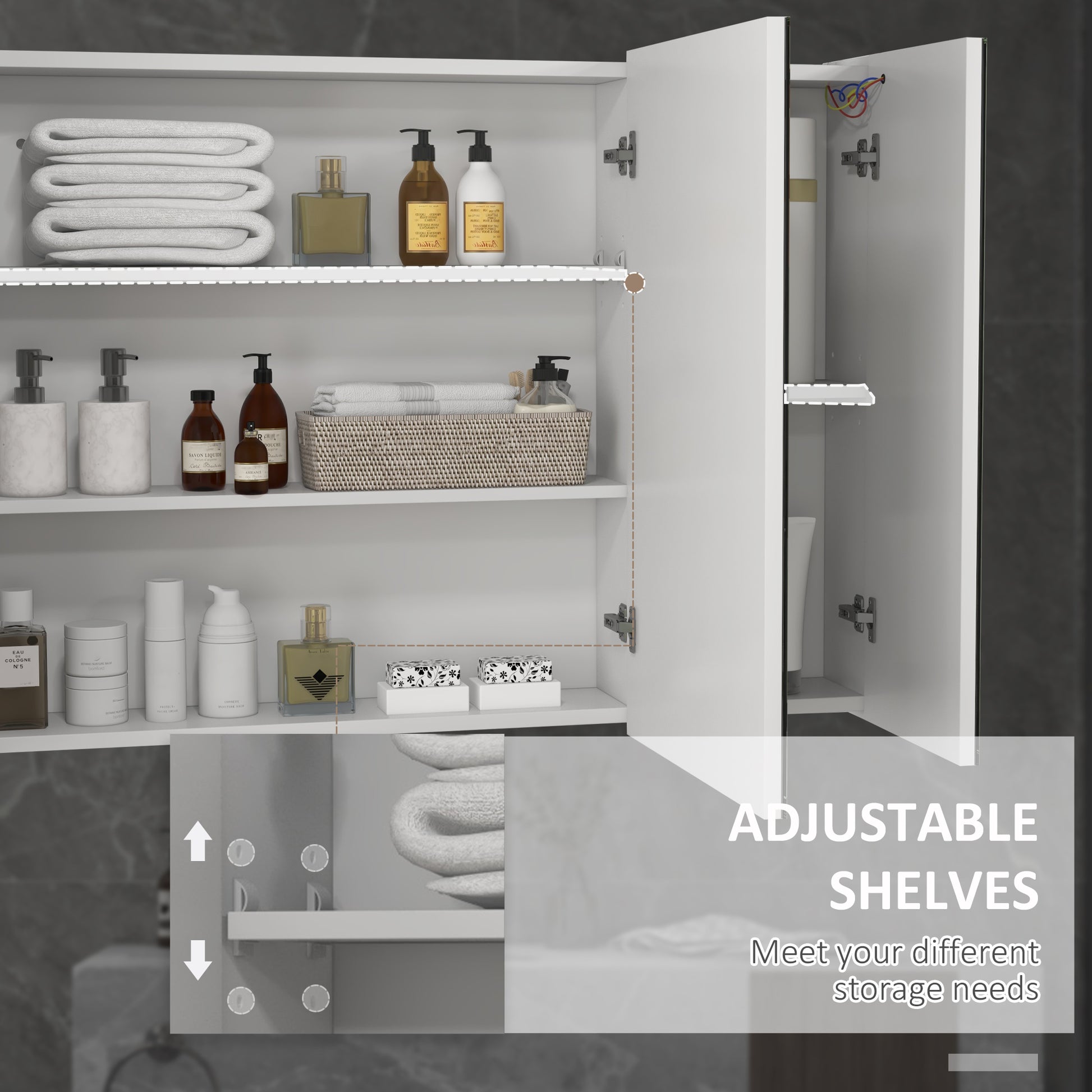 Bathroom Mirror Cabinet with Light, Bathroom Storage Cupboard with USB Charge, Adjustable Shelf, 35.5"W x 25.5"H, White