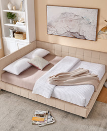 Queen Size Upholstered Tufted Bed Frame, Sofa Bed Frame With Comfortable Backrest And Armrests, Queen Size Bed For Bedroom, Living Room,Velvet, Pink 85.5x64.5x30.5
