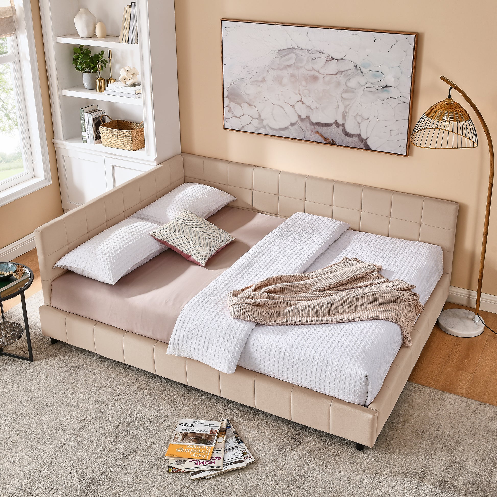 Queen Size Upholstered Tufted Bed Frame, Sofa Bed Frame With Comfortable Backrest And Armrests, Queen Size Bed For Bedroom, Living Room,Velvet, Pink 85.5x64.5x30.5
