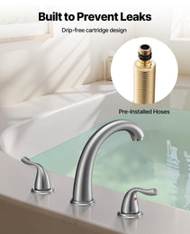 Roman Tub Faucet, 3 Hole Waterfall Bathtub Faucet, Gooseneck Bath Tubs Faucets Set With 2 Handles, Roman Tub Faucets Deck Mount For Adult Bathing, Brushed Stainless Steel, High Arc Spout