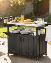 Outdoor Bar Cart With Storage, Stainless Steel Outdoor Bar Table Top, Wheeled HDPE Kitchen Island For Food Prep, Black