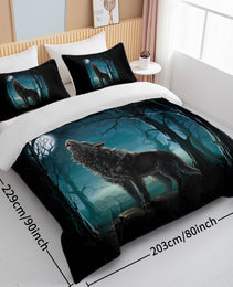 Moon Wolf Bedding Green Watercolor Forest Wolf Landscape Duvet Cover Sets 3 Pieces Wild Animal Bedding Set Twin Full Queen King Size