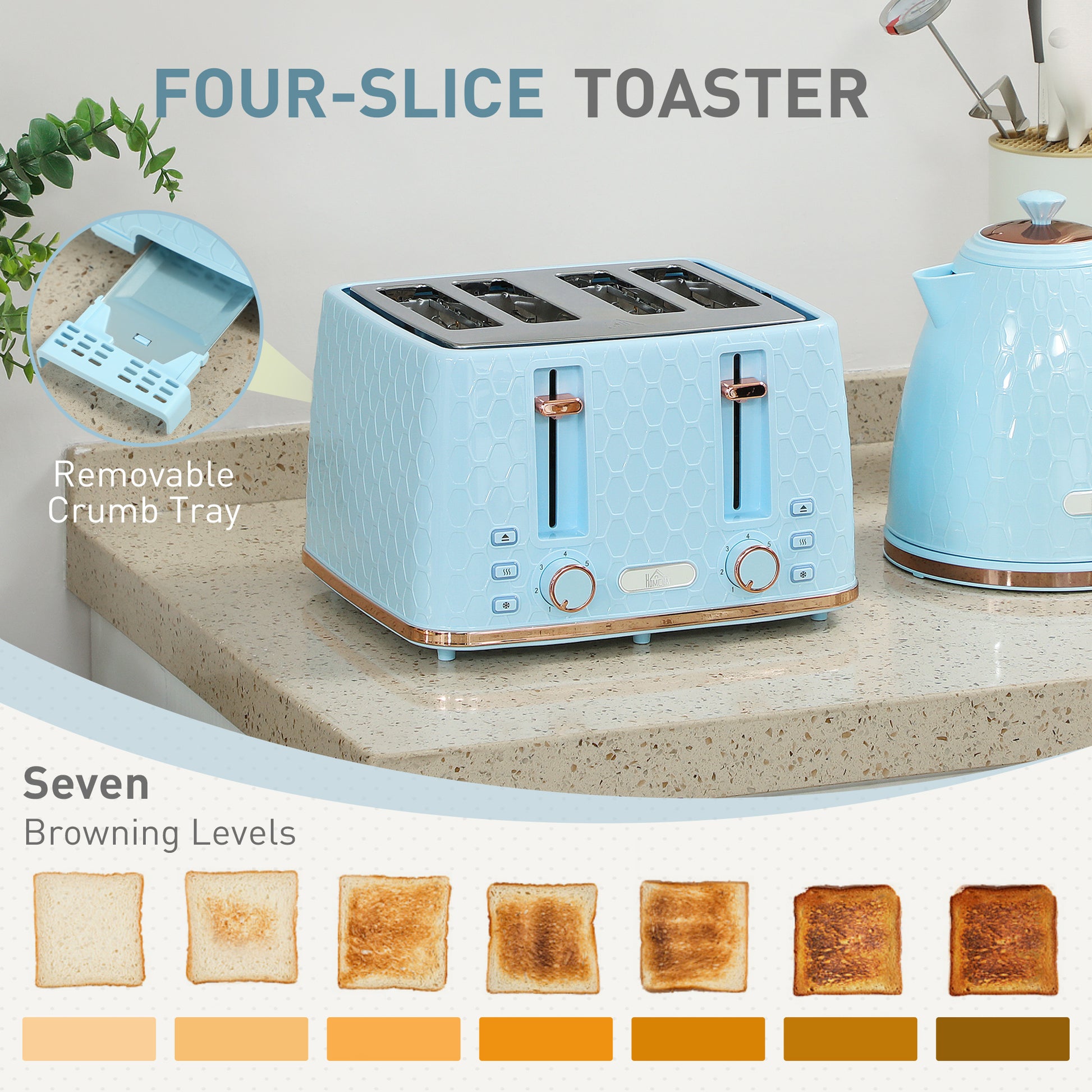 Azure Honeycomb Series: 3000W Rapid-Boil Kettle & 4-Slice Toaster Set