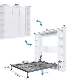 Queen Murphy Bed, 89.7-inch Foldable Wall Bed, With Storage Cabinet, With Hardware Bed Frame And Solid Wood Support Strips, Hidden Bed Frame, Suitable For Bedrooms, Guest Rooms, White