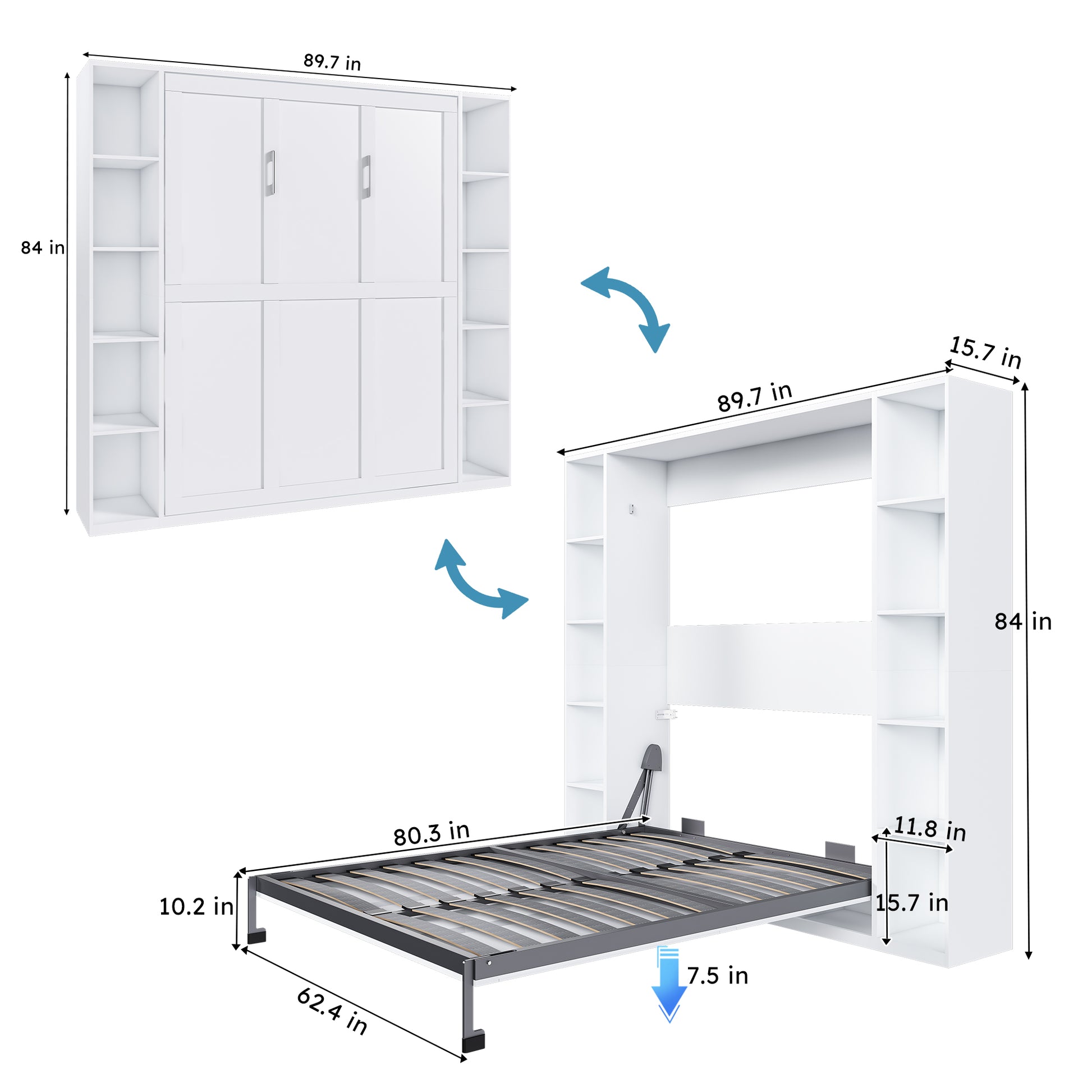 Queen Murphy Bed, 89.7-inch Foldable Wall Bed, With Storage Cabinet, With Hardware Bed Frame And Solid Wood Support Strips, Hidden Bed Frame, Suitable For Bedrooms, Guest Rooms, White