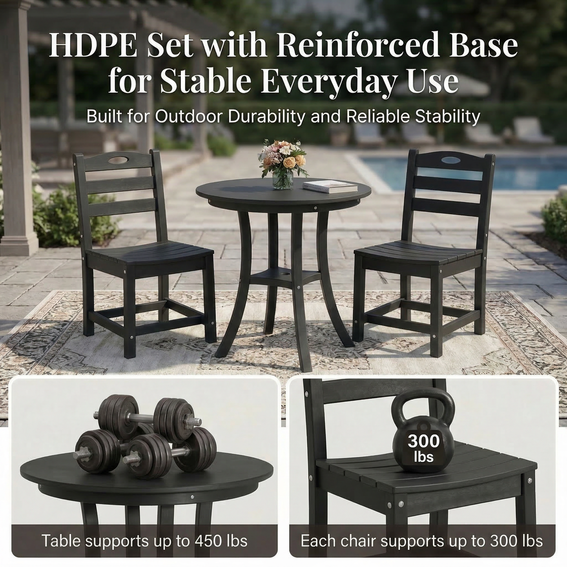 Black 3-Piece HDPE Outdoor Patio Bistro Set With Round Table And 2 Chairs