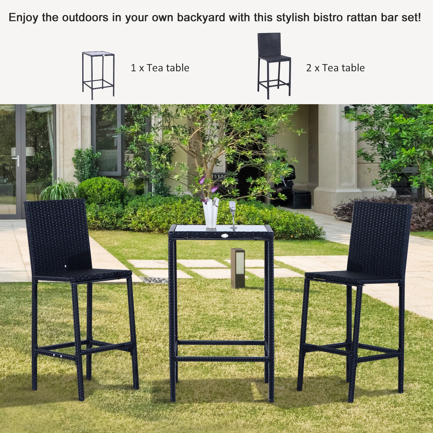 3pcs Rattan Bar Set With Glass Top Table, 2 Bar Stools For Outdoor, Patio, Garden, Poolside, Backyard