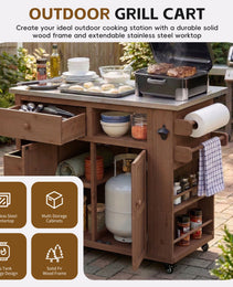 TOPMAx Outdoor Solid Wood Extendable 19.3  28  Kitchen Island  Stainless Steel Top Grill Table With Side Spice Rack  Kitchen Cart With Drawers  Storage Cabinet For Backyard  BBQ Party  Brown