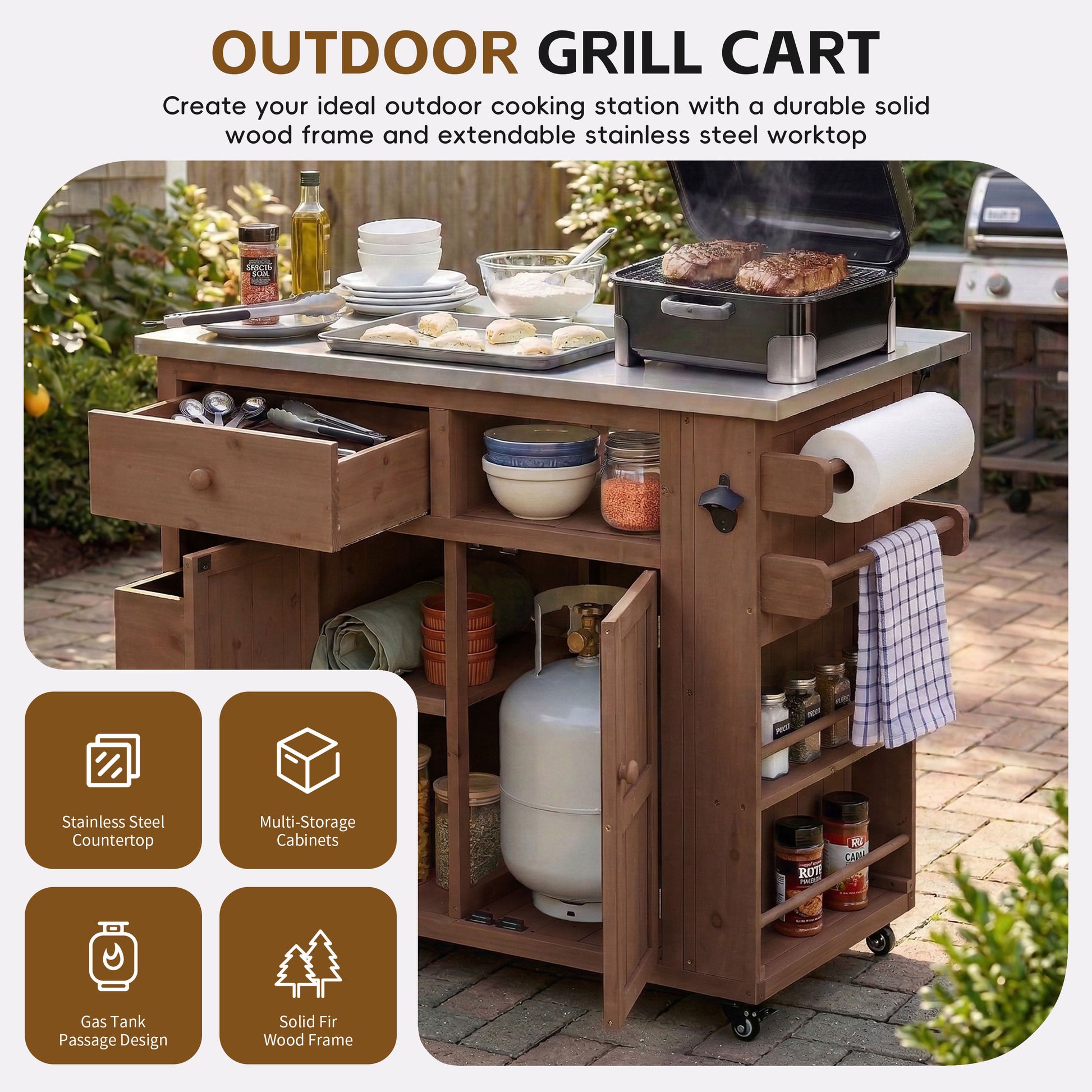 TOPMAx Outdoor Solid Wood Extendable 19.3  28  Kitchen Island  Stainless Steel Top Grill Table With Side Spice Rack  Kitchen Cart With Drawers  Storage Cabinet For Backyard  BBQ Party  Brown