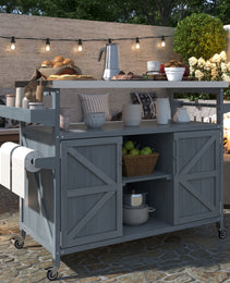 K&K Outdoor Kitchen Island, Rolling Bar Cart & Storage Cabinet, Farmhouse Solid Wood Outdoor Grill Table With Stainless Steel Top, Spice Rack , Towel Rack For Kitchen & BBQ , Grey Blue