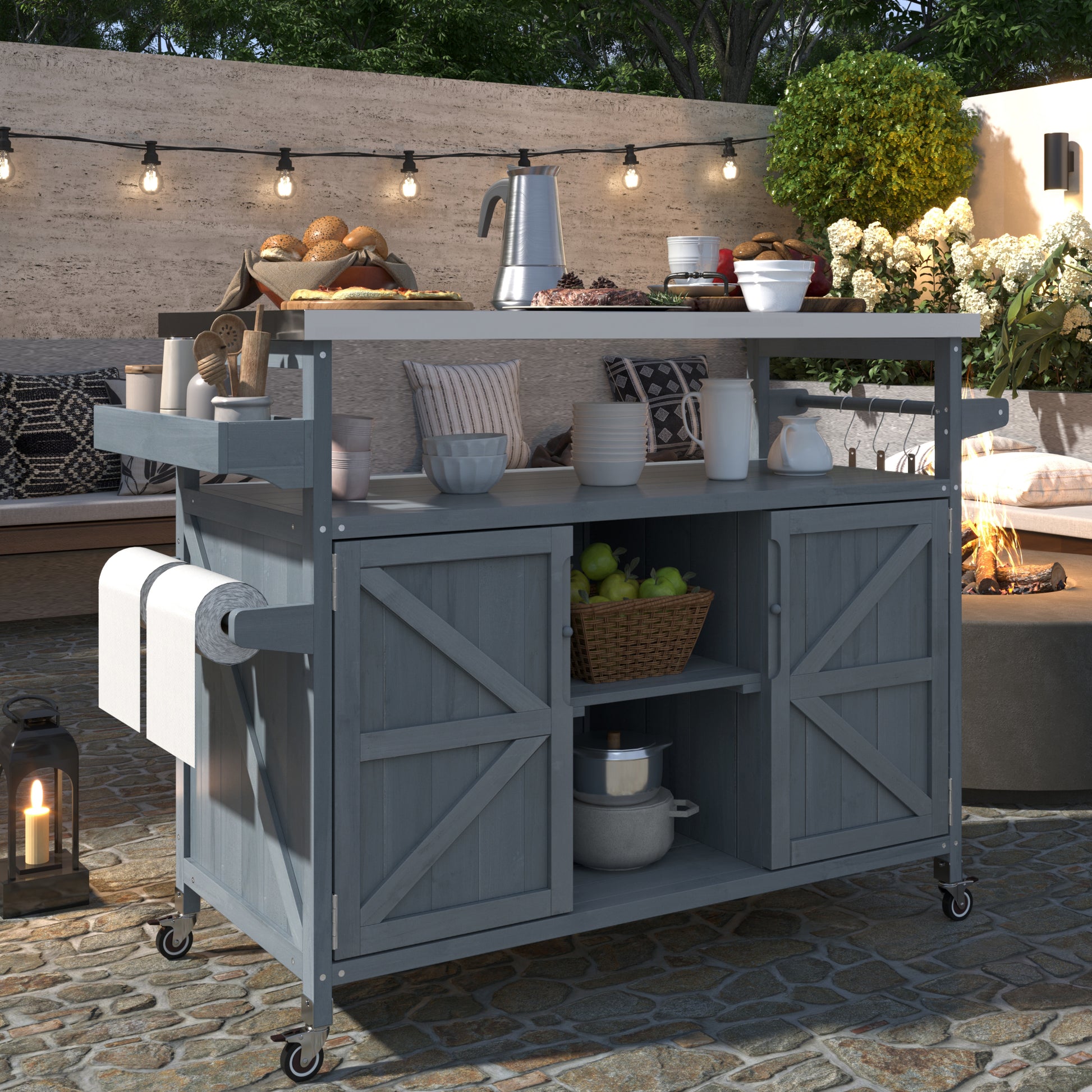 K&K Outdoor Kitchen Island, Rolling Bar Cart & Storage Cabinet, Farmhouse Solid Wood Outdoor Grill Table With Stainless Steel Top, Spice Rack , Towel Rack For Kitchen & BBQ , Grey Blue