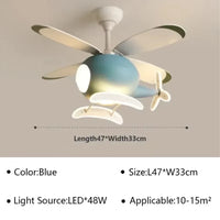 Blue Pink Airplane Children's Room Ceiling Fan Lamp Modern Colorful Helicopter Kids Bedroom Chandelier Cartoon Ceiling Light LED