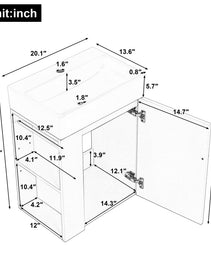 20 Inch Bathroom Vanity With Ceramic Sink, Diamond Pattern Door Design, Gold Handle & Side Storage Shelves Modern Small Space Cabinet With Towel Bar, MDF Construction, Assembly Required