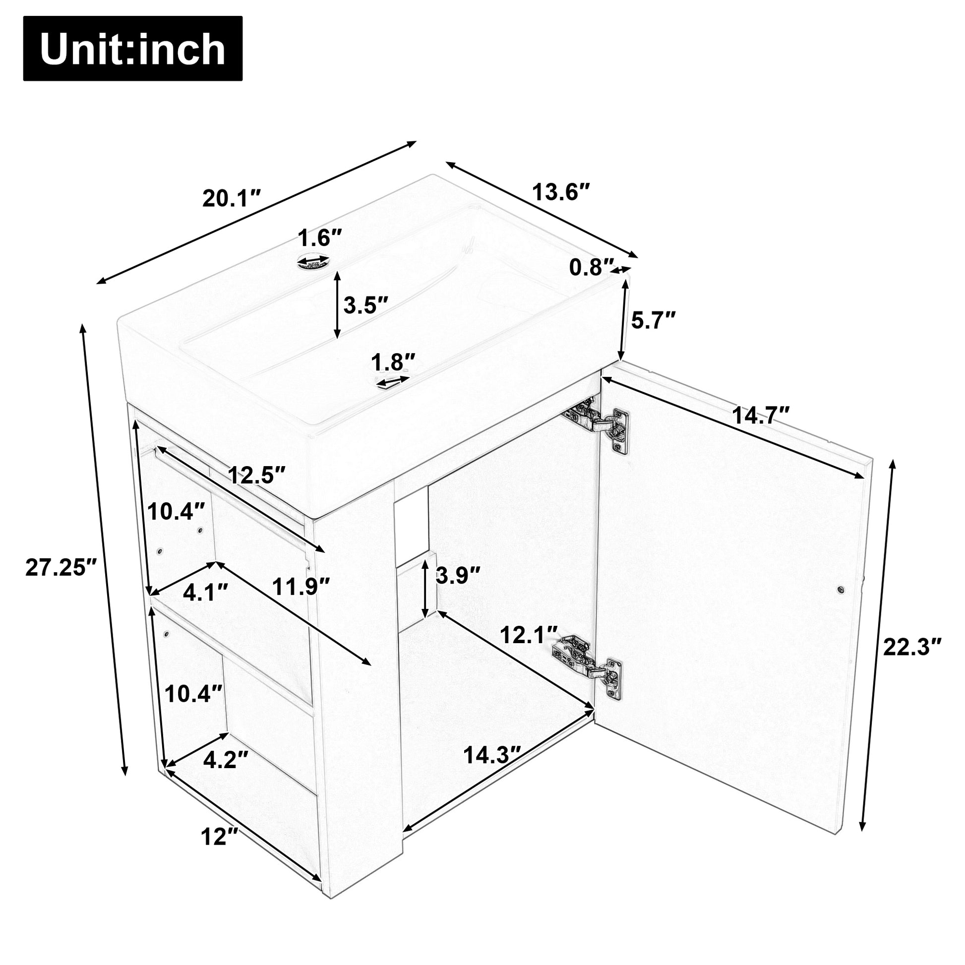 20 Inch Bathroom Vanity With Ceramic Sink, Diamond Pattern Door Design, Gold Handle & Side Storage Shelves Modern Small Space Cabinet With Towel Bar, MDF Construction, Assembly Required