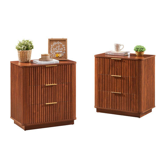 3 Drawers Nightstand Set Of 2, 23.6  Wide Modern Chest Of Drawers Curved Wave Design, Nightstand, Wood Drawer Organizer For Bedroom, Living Room, Hallway, Walnut,23.6 W X 15 D X 25.2 H.