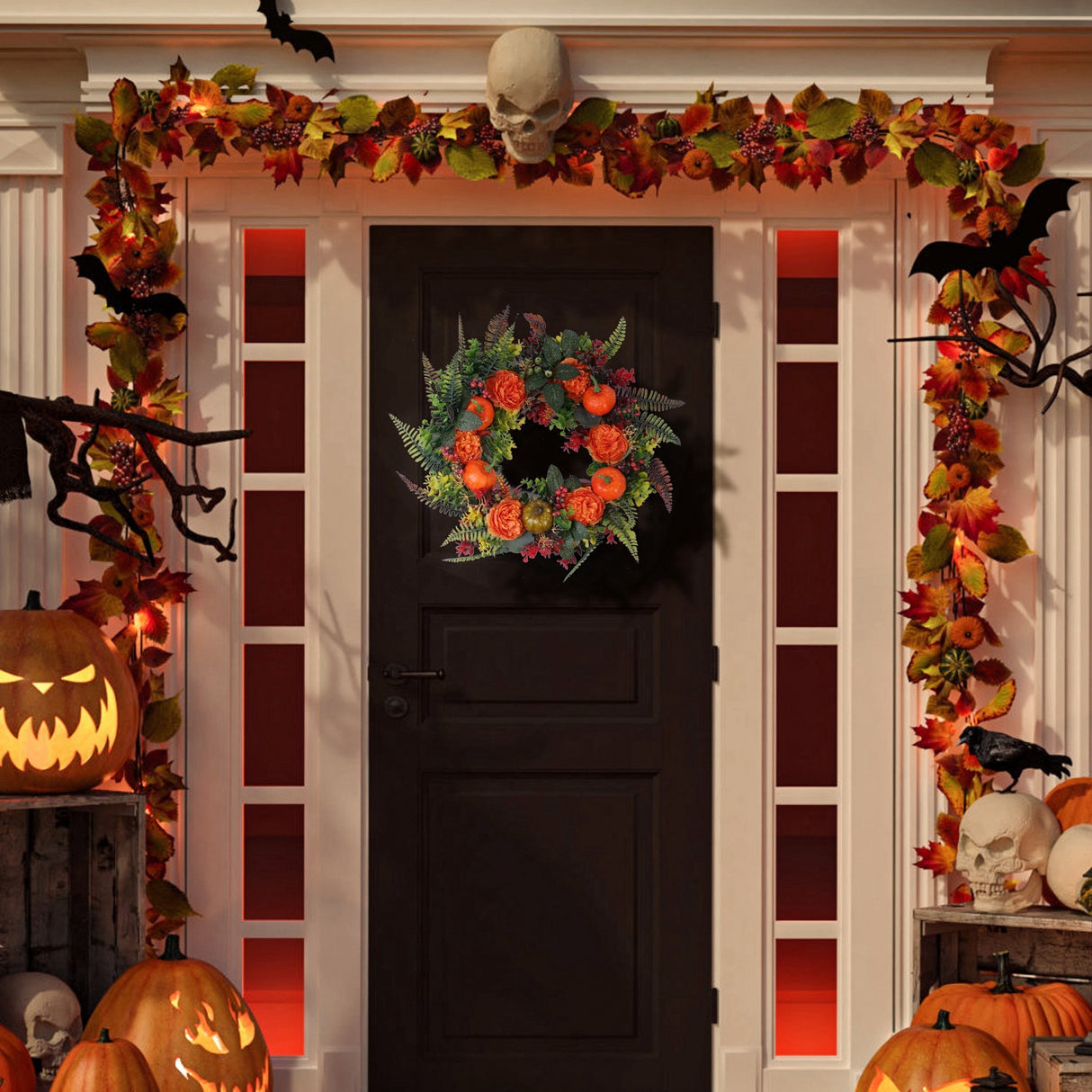 1Pc 17.71IN Autumn Wreath With Pumpkin Mixed Leaves Berries Flowers Fall Decoration For Indoor Outdoor Window Wall Front Door In Halloween Thanks Giving Day - CJDS - FC
