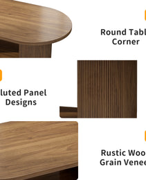 Oval Fluted Coffee Table, 47 Farmhouse Wood Coffee Table, Mid-Century 2-Tier Coffee Table With Storage Shelf, Accent Center Table With Dual Base, Boho Living Room Tables For Living Room Office,Walnut