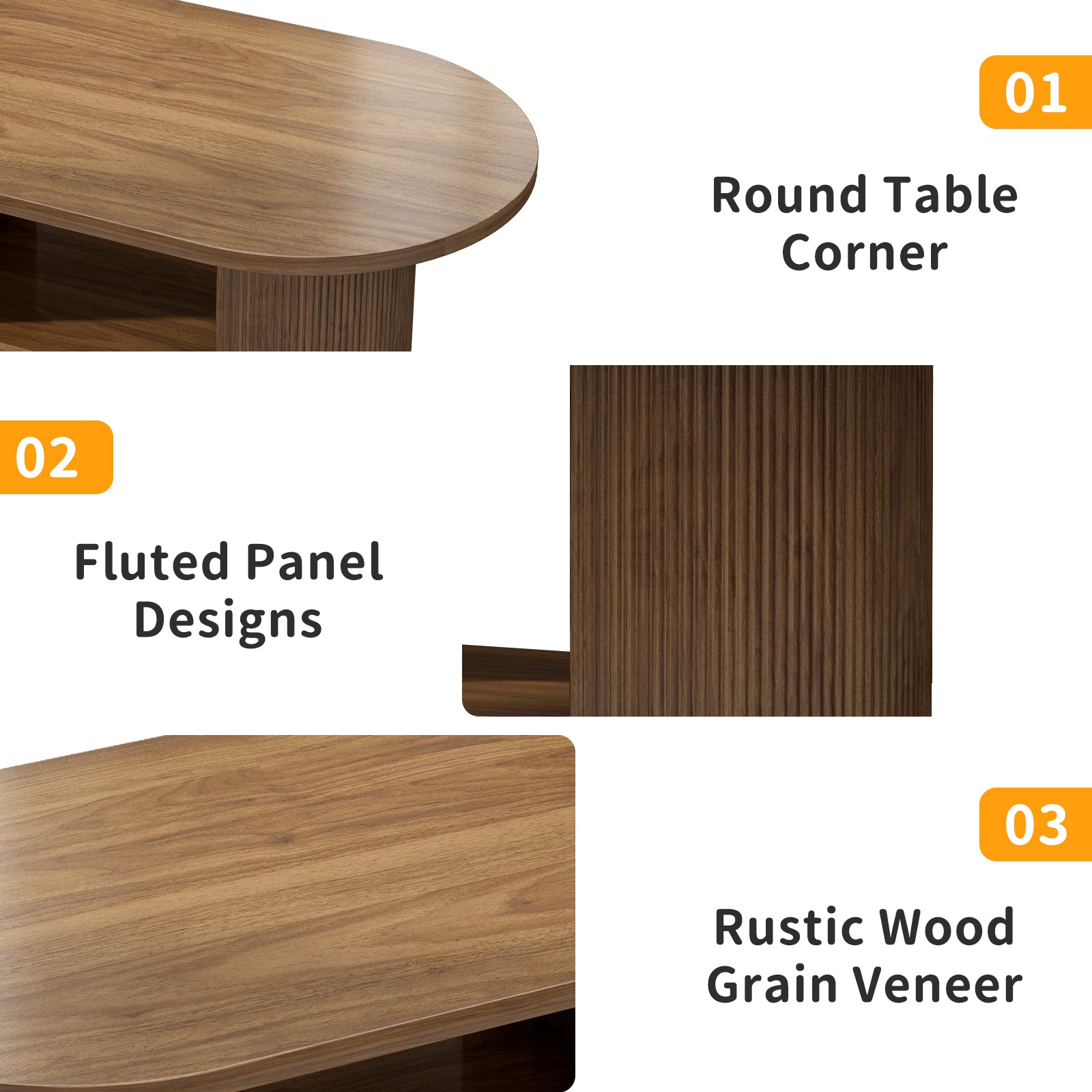 Oval Fluted Coffee Table, 47 Farmhouse Wood Coffee Table, Mid-Century 2-Tier Coffee Table With Storage Shelf, Accent Center Table With Dual Base, Boho Living Room Tables For Living Room Office,Walnut