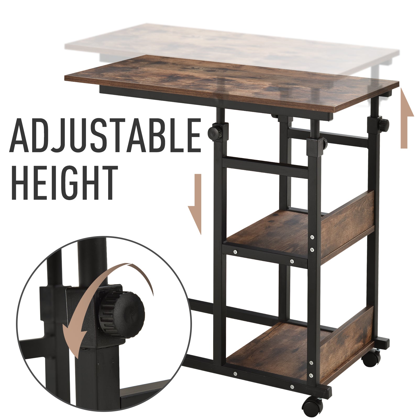 Mobile Nightstand Adjustable 3-Tier C-Shaped Side Table With Casters