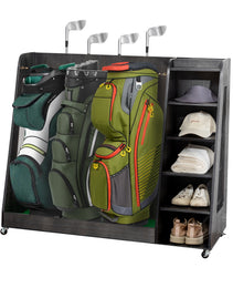 Gray Wooden Golf Bag Storage Rack With 3 Drawers, Holds 2 Stand Bags  14 Clubs, Organizer For Golf Balls, Shoes  Accessories, Heavy Duty For Garage, Indoor Outdoor Use, Easy Assembly