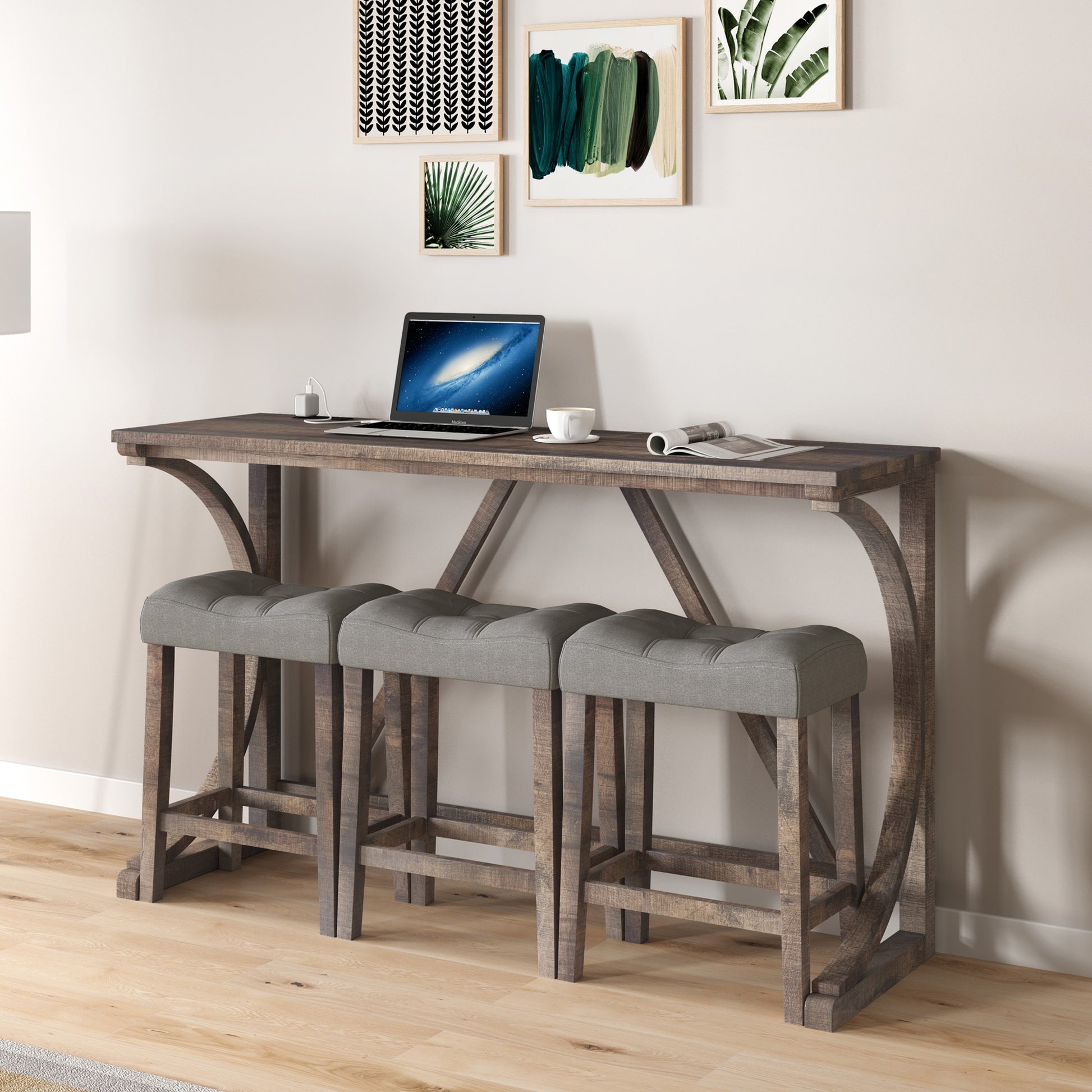 Bar Table Set With Power Outlet, Bar Table And Chairs Set, 4 Piece Dining Table Set, Industrial Breakfast Table Set, For Living Room, Dining Room, Game Room