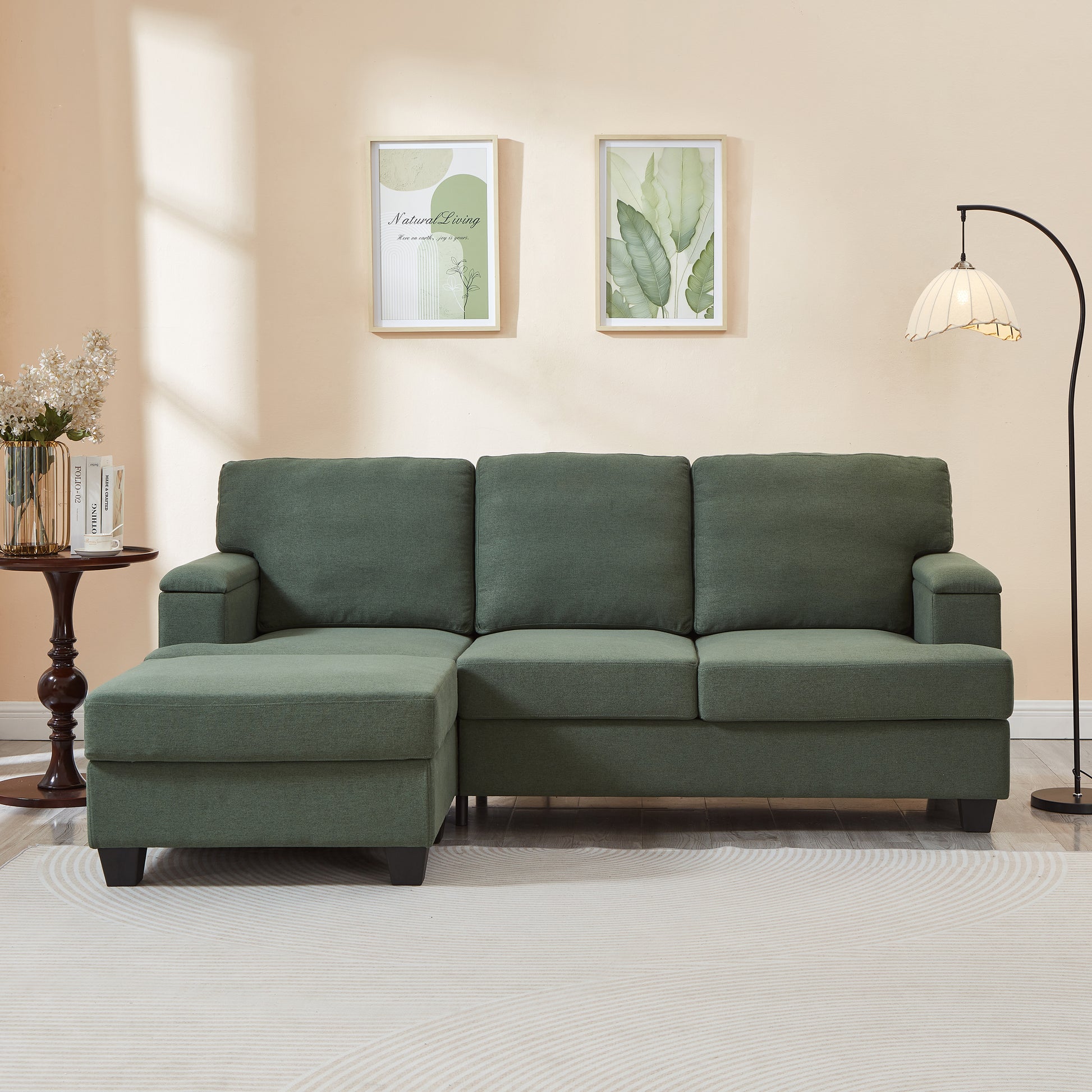 86'' L Shaped Couch With Armrest Organizer,3 Seats Sofas With Movable Ottoman,Comfy Sectional Sofa With Thick Cushion,Linen Sectional Couches For Living Room,Bedroom,Apartment,Dark Green